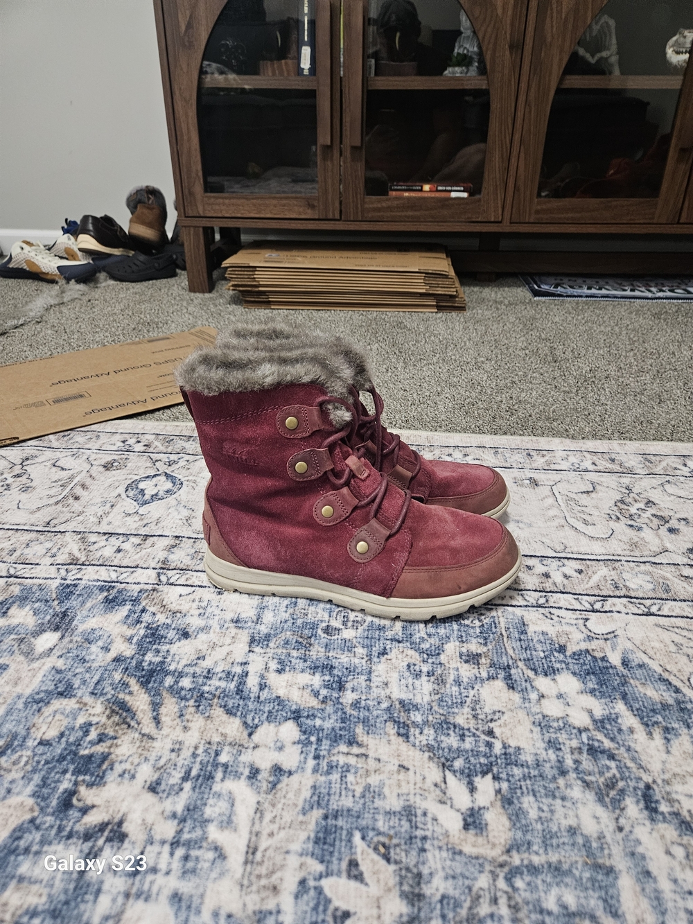 Sorel Explorer Joan Waterproof Winter Boots Women's 9.5 Burgundy Suede Faux Fur